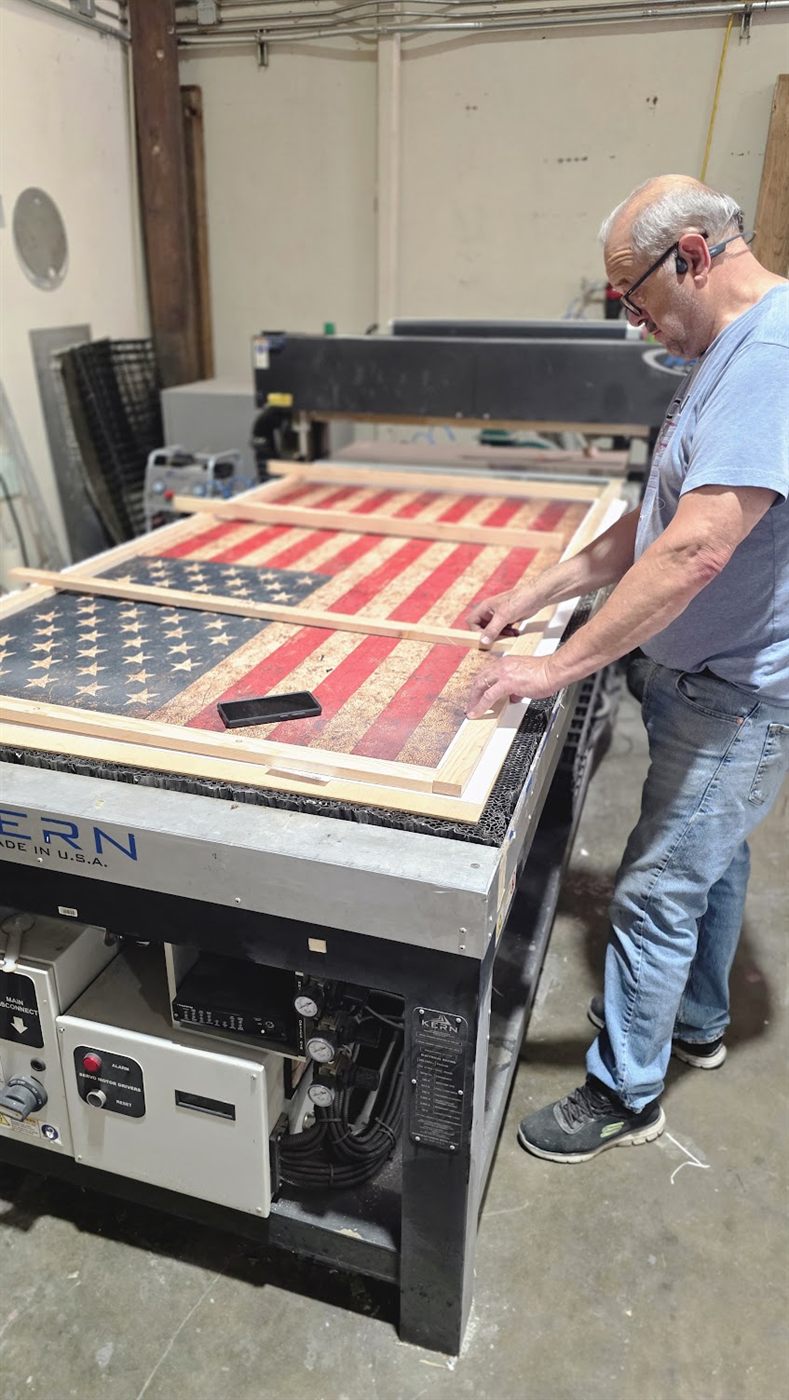 Custom distressed flag laser art by Laser Precision