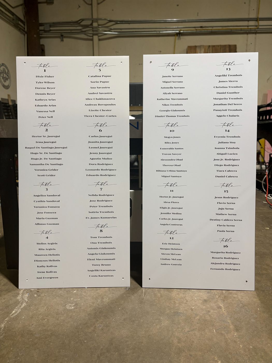 Custom wedding seating chart by Laser Precision
