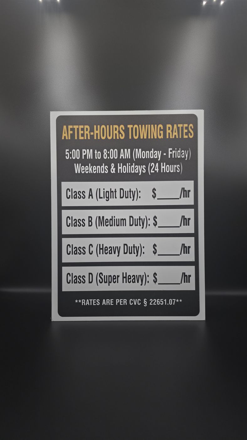 Custom MaxMetal towing rates sign by Laser Precision