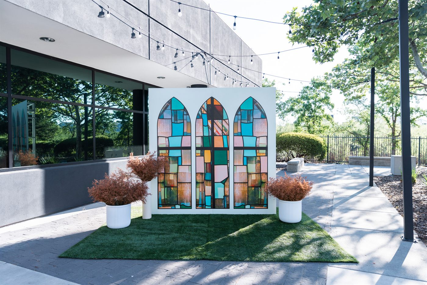 Custom stained-glass event backdrop by Laser Precision